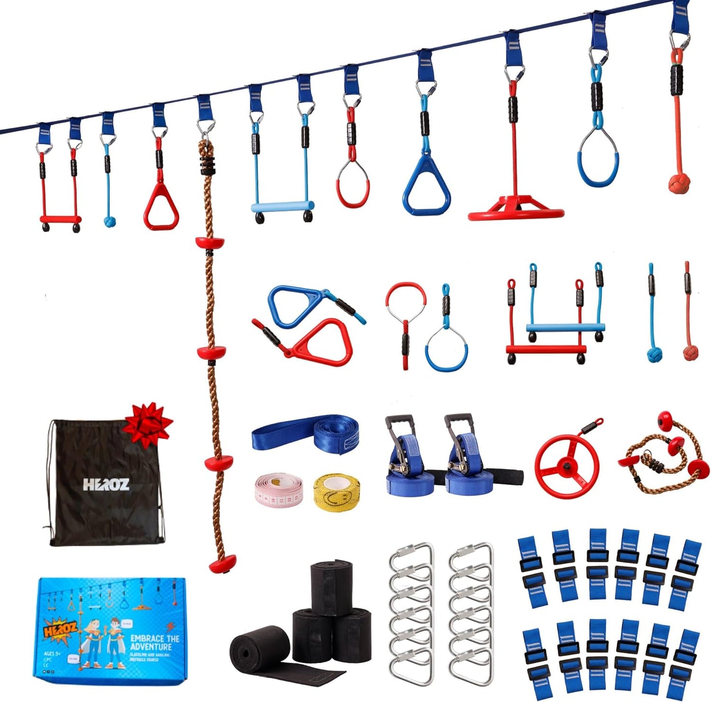 HEROZ Slackline Kit Ninja Warrior Obstacle Course (2X65 Ft)