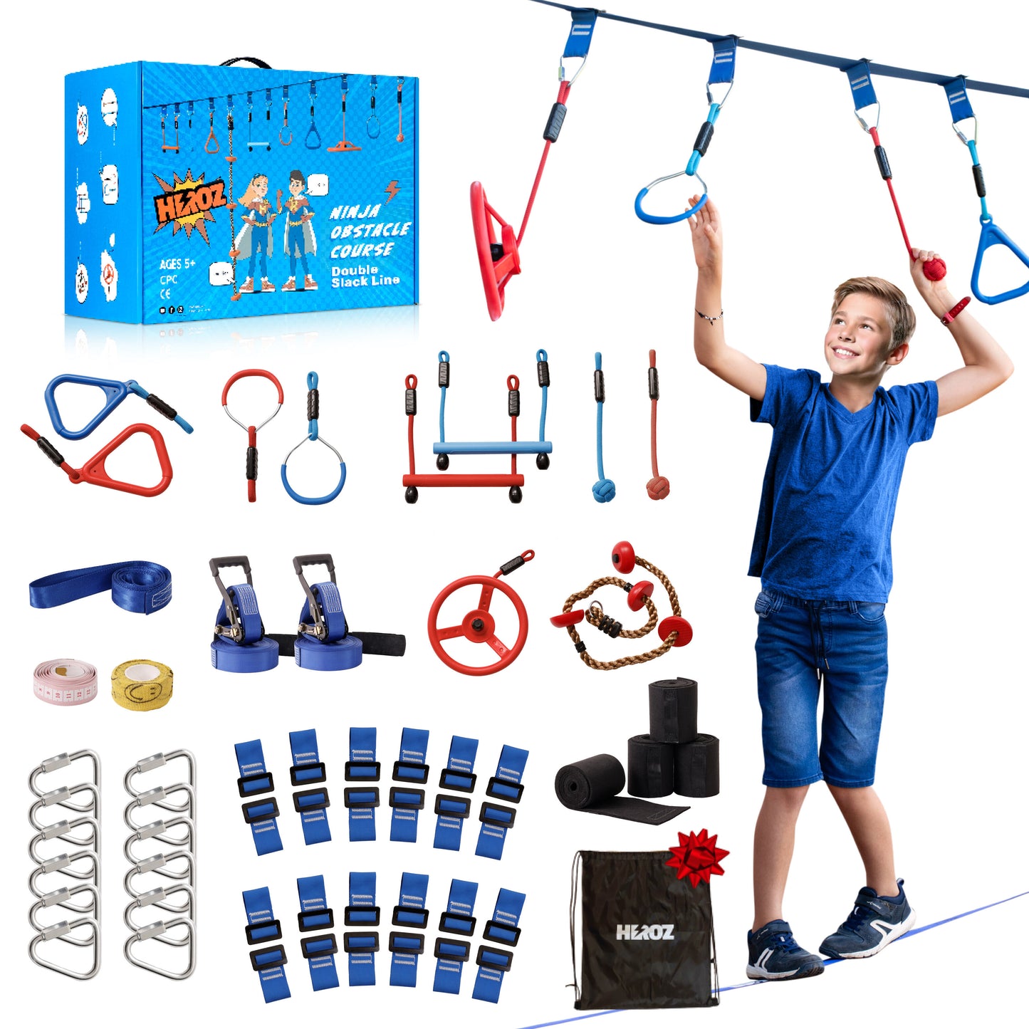 Heroz Obstacle Course for Kids - Ninja Warrior Obstacle Course for Kids Outdoor Play Equipment 65ft Double Slackline, Monkey Bars, Wheel, Climbing Rope - Jungle Gym Ninja Course for Kids Outside