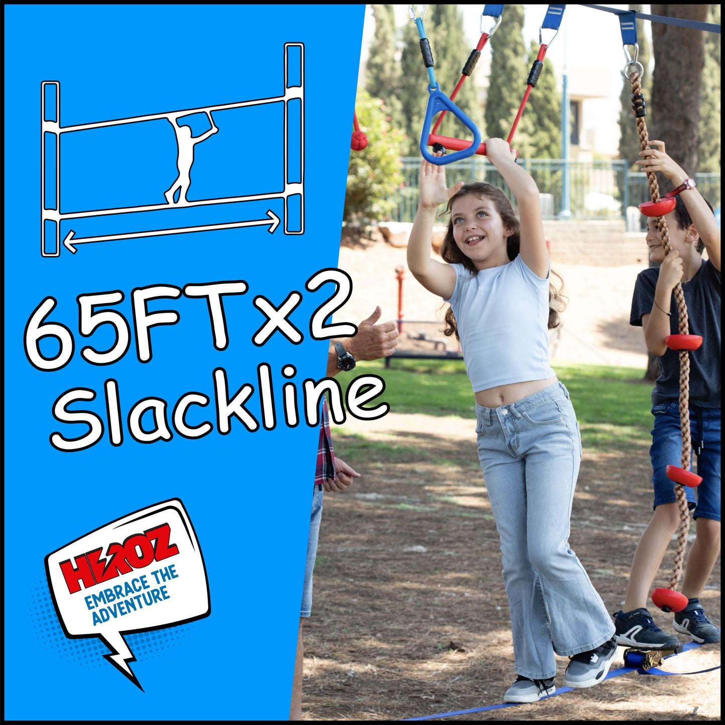 Heroz Obstacle Course for Kids - Ninja Warrior Obstacle Course for Kids Outdoor Play Equipment 65ft Double Slackline, Monkey Bars, Wheel, Climbing Rope - Jungle Gym Ninja Course for Kids Outside