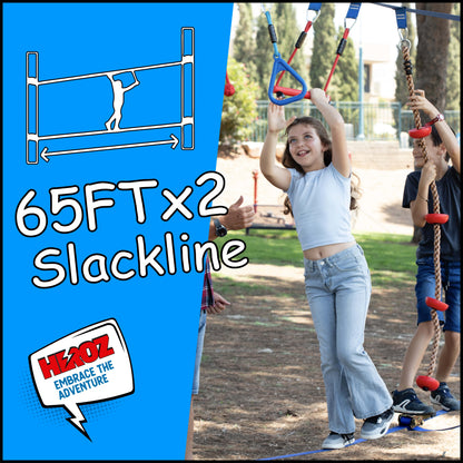 Heroz Obstacle Course for Kids - Ninja Warrior Obstacle Course for Kids Outdoor Play Equipment 65ft Double Slackline, Monkey Bars, Wheel, Climbing Rope - Jungle Gym Ninja Course for Kids Outside