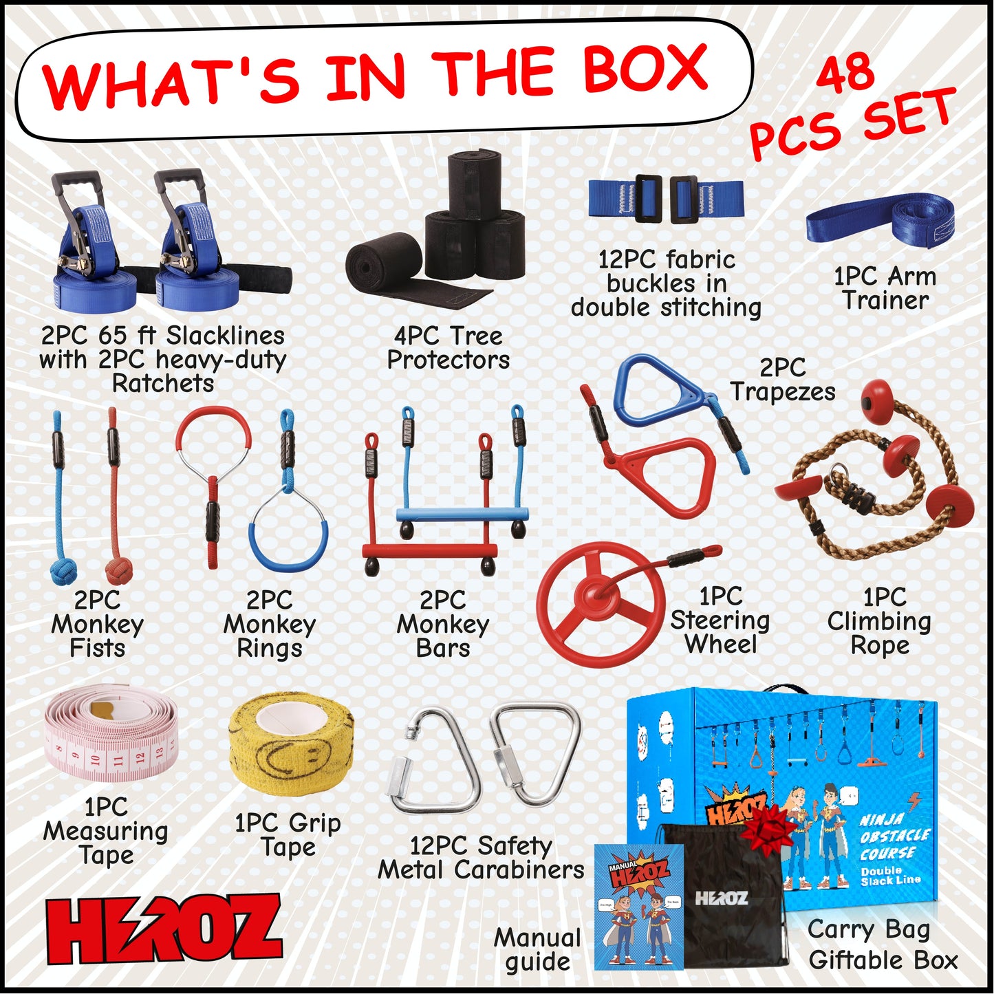 Heroz Obstacle Course for Kids - Ninja Warrior Obstacle Course for Kids Outdoor Play Equipment 65ft Double Slackline, Monkey Bars, Wheel, Climbing Rope - Jungle Gym Ninja Course for Kids Outside