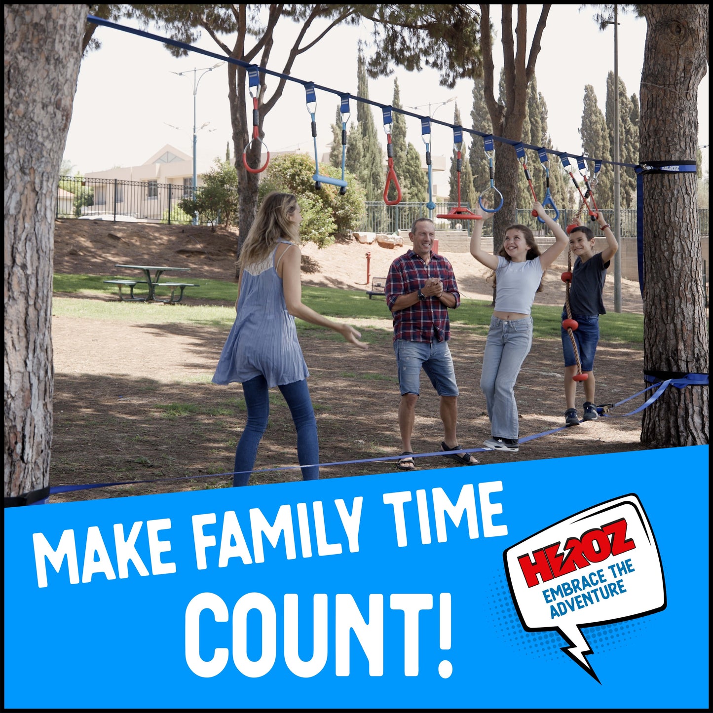 Heroz Obstacle Course for Kids - Ninja Warrior Obstacle Course for Kids Outdoor Play Equipment 65ft Double Slackline, Monkey Bars, Wheel, Climbing Rope - Jungle Gym Ninja Course for Kids Outside